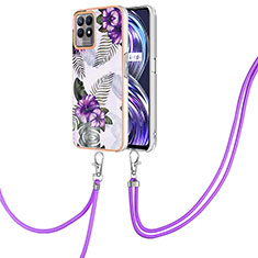 Funda Silicona Gel Goma Patron de Moda Carcasa con Acollador Cordon Lanyard Y03B para Realme 8i Morado