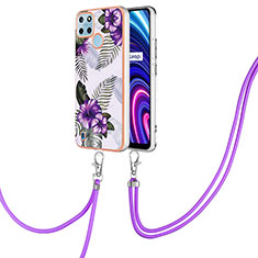 Funda Silicona Gel Goma Patron de Moda Carcasa con Acollador Cordon Lanyard Y03B para Realme C21Y Morado