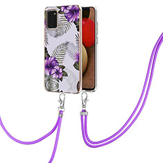 Funda Silicona Gel Goma Patron de Moda Carcasa con Acollador Cordon Lanyard Y03B para Samsung Galaxy A03s Morado