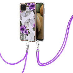 Funda Silicona Gel Goma Patron de Moda Carcasa con Acollador Cordon Lanyard Y03B para Samsung Galaxy A12 5G Morado