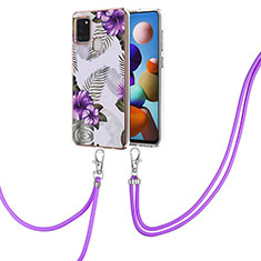 Funda Silicona Gel Goma Patron de Moda Carcasa con Acollador Cordon Lanyard Y03B para Samsung Galaxy A21s Morado