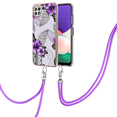 Funda Silicona Gel Goma Patron de Moda Carcasa con Acollador Cordon Lanyard Y03B para Samsung Galaxy A22 5G Morado