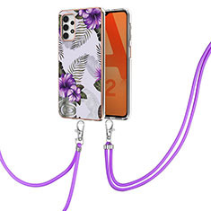 Funda Silicona Gel Goma Patron de Moda Carcasa con Acollador Cordon Lanyard Y03B para Samsung Galaxy A32 5G Morado