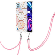 Funda Silicona Gel Goma Patron de Moda Carcasa con Acollador Cordon Lanyard Y04B para Realme C21Y Rosa