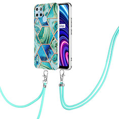 Funda Silicona Gel Goma Patron de Moda Carcasa con Acollador Cordon Lanyard Y04B para Realme C21Y Verde