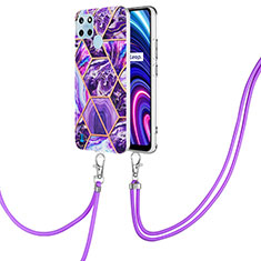 Funda Silicona Gel Goma Patron de Moda Carcasa con Acollador Cordon Lanyard Y04B para Realme C25Y India Morado