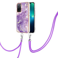 Funda Silicona Gel Goma Patron de Moda Carcasa con Acollador Cordon Lanyard Y05B para Oppo A55 5G Morado