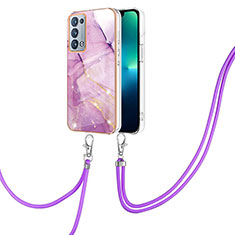 Funda Silicona Gel Goma Patron de Moda Carcasa con Acollador Cordon Lanyard Y05B para Oppo Reno6 Pro+ Plus 5G Purpura Claro