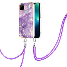 Funda Silicona Gel Goma Patron de Moda Carcasa con Acollador Cordon Lanyard Y05B para Realme C21Y Morado