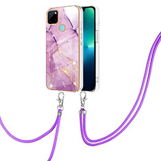 Funda Silicona Gel Goma Patron de Moda Carcasa con Acollador Cordon Lanyard Y05B para Realme C21Y Purpura Claro