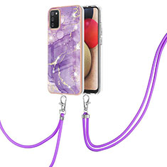 Funda Silicona Gel Goma Patron de Moda Carcasa con Acollador Cordon Lanyard Y05B para Samsung Galaxy A03s Morado