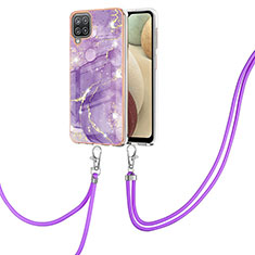 Funda Silicona Gel Goma Patron de Moda Carcasa con Acollador Cordon Lanyard Y05B para Samsung Galaxy A12 5G Morado