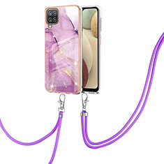 Funda Silicona Gel Goma Patron de Moda Carcasa con Acollador Cordon Lanyard Y05B para Samsung Galaxy A12 Purpura Claro