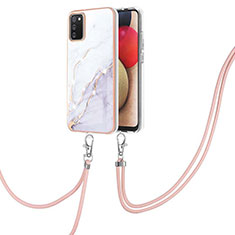 Funda Silicona Gel Goma Patron de Moda Carcasa con Acollador Cordon Lanyard Y05B para Samsung Galaxy F02S SM-E025F Blanco