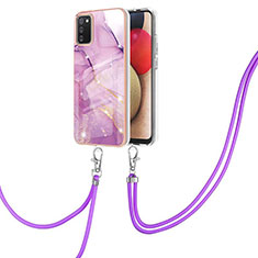 Funda Silicona Gel Goma Patron de Moda Carcasa con Acollador Cordon Lanyard Y05B para Samsung Galaxy F02S SM-E025F Purpura Claro