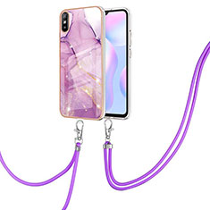 Funda Silicona Gel Goma Patron de Moda Carcasa con Acollador Cordon Lanyard Y05B para Xiaomi Redmi 9A Purpura Claro