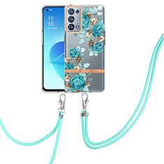 Funda Silicona Gel Goma Patron de Moda Carcasa con Acollador Cordon Lanyard Y06B para Oppo Reno6 Pro 5G Cian