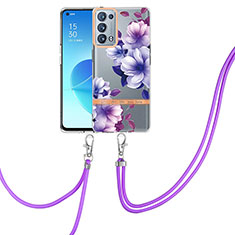 Funda Silicona Gel Goma Patron de Moda Carcasa con Acollador Cordon Lanyard Y06B para Oppo Reno6 Pro 5G Morado