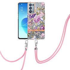 Funda Silicona Gel Goma Patron de Moda Carcasa con Acollador Cordon Lanyard Y06B para Oppo Reno6 Pro 5G Purpura Claro