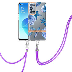 Funda Silicona Gel Goma Patron de Moda Carcasa con Acollador Cordon Lanyard Y06B para Oppo Reno6 Pro+ Plus 5G Azul