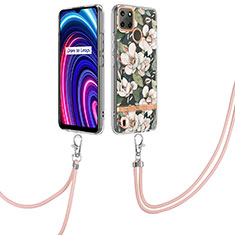 Funda Silicona Gel Goma Patron de Moda Carcasa con Acollador Cordon Lanyard Y06B para Realme C21Y Blanco