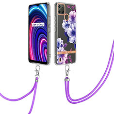 Funda Silicona Gel Goma Patron de Moda Carcasa con Acollador Cordon Lanyard Y06B para Realme C21Y Morado