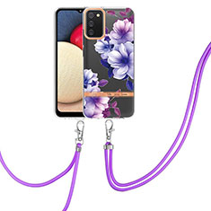 Funda Silicona Gel Goma Patron de Moda Carcasa con Acollador Cordon Lanyard Y06B para Samsung Galaxy A02s Morado