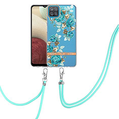 Funda Silicona Gel Goma Patron de Moda Carcasa con Acollador Cordon Lanyard Y06B para Samsung Galaxy A12 Cian