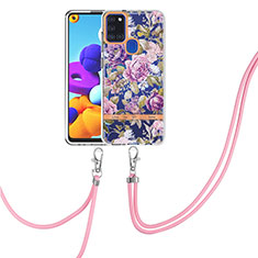 Funda Silicona Gel Goma Patron de Moda Carcasa con Acollador Cordon Lanyard Y06B para Samsung Galaxy A21s Purpura Claro