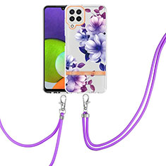 Funda Silicona Gel Goma Patron de Moda Carcasa con Acollador Cordon Lanyard Y06B para Samsung Galaxy A22 4G Morado