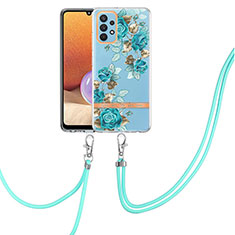 Funda Silicona Gel Goma Patron de Moda Carcasa con Acollador Cordon Lanyard Y06B para Samsung Galaxy A32 4G Cian