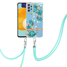 Funda Silicona Gel Goma Patron de Moda Carcasa con Acollador Cordon Lanyard Y06B para Samsung Galaxy A52 4G Cian