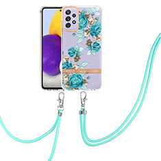 Funda Silicona Gel Goma Patron de Moda Carcasa con Acollador Cordon Lanyard Y06B para Samsung Galaxy A72 4G Cian