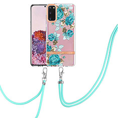 Funda Silicona Gel Goma Patron de Moda Carcasa con Acollador Cordon Lanyard Y06B para Samsung Galaxy S20 5G Cian