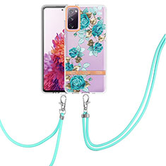 Funda Silicona Gel Goma Patron de Moda Carcasa con Acollador Cordon Lanyard Y06B para Samsung Galaxy S20 FE 4G Cian