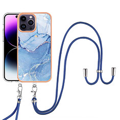 Funda Silicona Gel Goma Patron de Moda Carcasa con Acollador Cordon Lanyard Y07B para Apple iPhone 13 Pro Azul