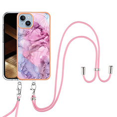 Funda Silicona Gel Goma Patron de Moda Carcasa con Acollador Cordon Lanyard Y07B para Apple iPhone 15 Purpura Claro