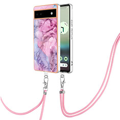 Funda Silicona Gel Goma Patron de Moda Carcasa con Acollador Cordon Lanyard Y07B para Google Pixel 6a 5G Purpura Claro