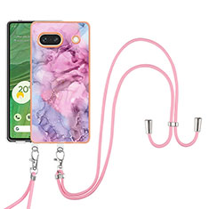 Funda Silicona Gel Goma Patron de Moda Carcasa con Acollador Cordon Lanyard Y07B para Google Pixel 7a 5G Purpura Claro