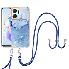 Funda Silicona Gel Goma Patron de Moda Carcasa con Acollador Cordon Lanyard Y07B para Huawei Honor X7a Azul