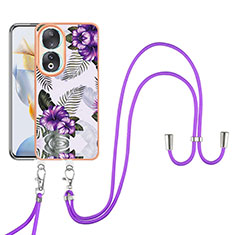 Funda Silicona Gel Goma Patron de Moda Carcasa con Acollador Cordon Lanyard YB3 para Huawei Honor 90 5G Morado