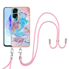 Funda Silicona Gel Goma Patron de Moda Carcasa con Acollador Cordon Lanyard YB3 para Huawei Honor 90 Lite 5G Azul