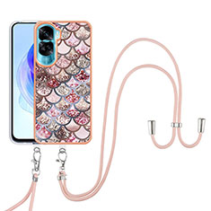 Funda Silicona Gel Goma Patron de Moda Carcasa con Acollador Cordon Lanyard YB3 para Huawei Honor 90 Lite 5G Marron