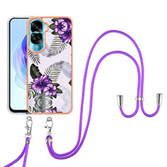 Funda Silicona Gel Goma Patron de Moda Carcasa con Acollador Cordon Lanyard YB3 para Huawei Honor 90 Lite 5G Morado