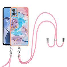 Funda Silicona Gel Goma Patron de Moda Carcasa con Acollador Cordon Lanyard YB3 para Motorola Moto E22 Azul