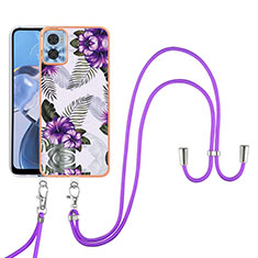 Funda Silicona Gel Goma Patron de Moda Carcasa con Acollador Cordon Lanyard YB3 para Motorola Moto E22 Morado