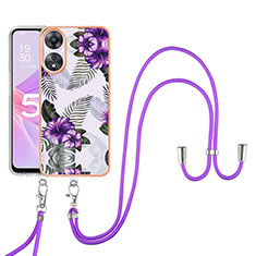 Funda Silicona Gel Goma Patron de Moda Carcasa con Acollador Cordon Lanyard YB3 para Oppo A58 5G Morado