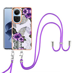 Funda Silicona Gel Goma Patron de Moda Carcasa con Acollador Cordon Lanyard YB3 para Oppo Reno10 5G Morado