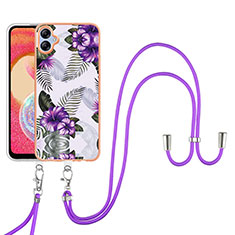 Funda Silicona Gel Goma Patron de Moda Carcasa con Acollador Cordon Lanyard YB3 para Samsung Galaxy A04 4G Morado