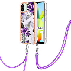 Funda Silicona Gel Goma Patron de Moda Carcasa con Acollador Cordon Lanyard YB3 para Xiaomi Poco C50 Morado